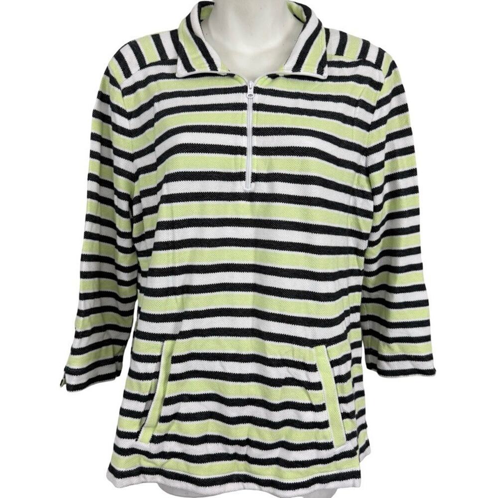 T by Talbots Womens Green White Striped 1/4 Zip Cotton Shirt Top Sweatshirt sz L